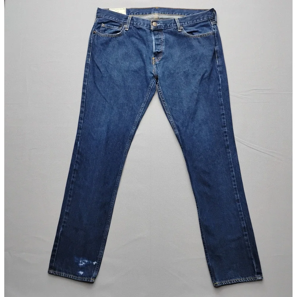 Hollister Men 38x34 Straight Leg Blue Denim Jeans Button Fly Dark Wash 2742